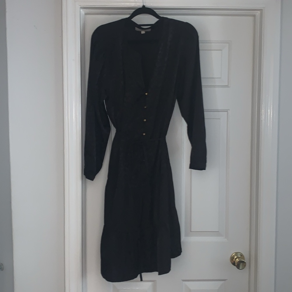 Black Long Sleeve Button-Front Women’s Dress.  Has Heart Details.  With Tie Belt